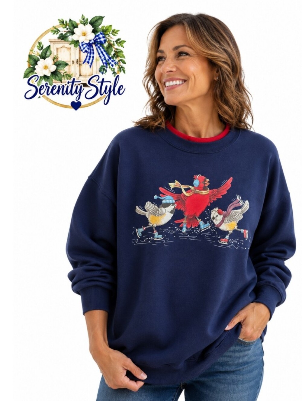 Vintage Morning Sun NWT Large Navy Ice Skating Birds Graphic Sweatshirt Winter